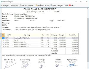 Biểu mẫu phiếu nhập mua sau khi lập và hoàn thiện quy trình duyệt