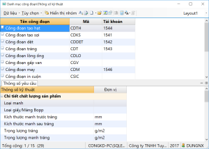 khai báo danh mục công đoạn, thông số kỹ thuật từng công đoạn