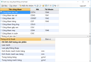 khai báo danh mục công đoạn, thông số kỹ thuật từng công đoạn