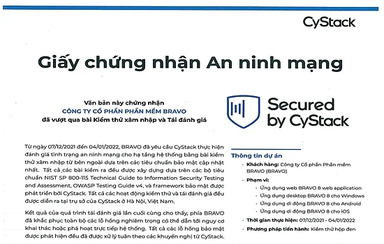 BRAVO đạt chứng nhận bảo mật an toàn thông tin của CyStack