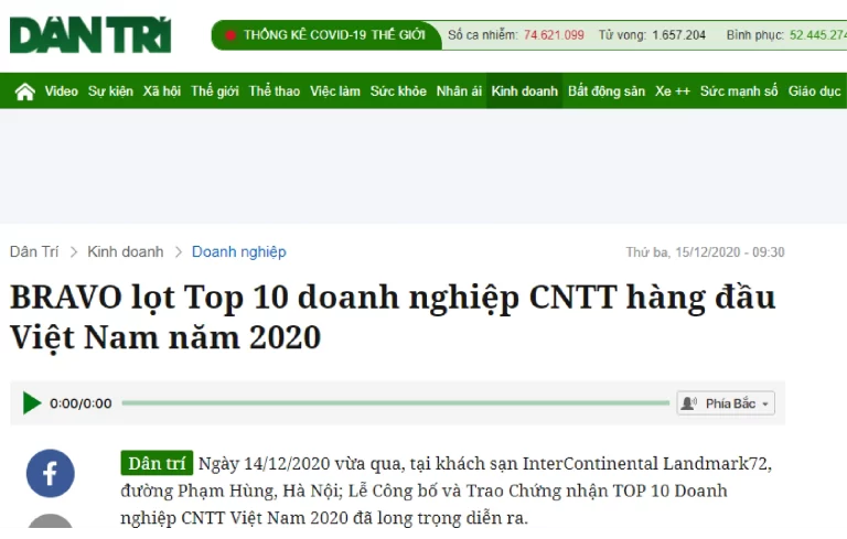 BRAVO lọt Top 10 doanh nghiệp CNTT hàng đầu Việt Nam năm 2020