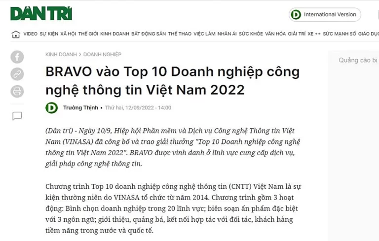 BRAVO vào Top 10 Doanh nghiệp CNTT Việt Nam 2022