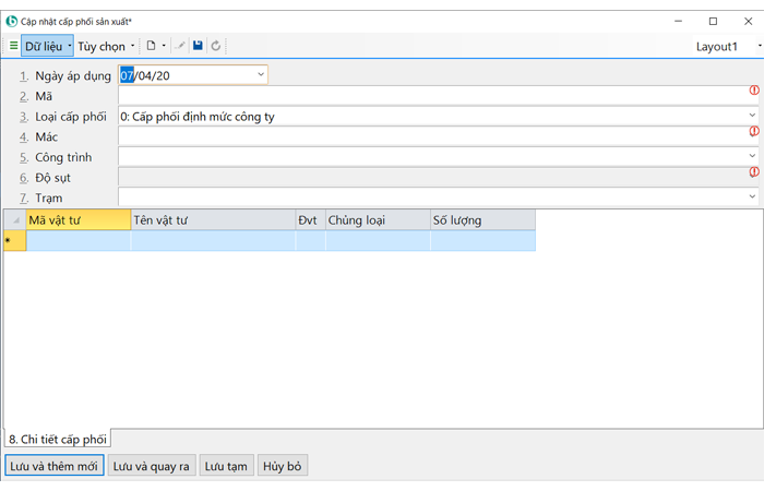 Bảng cấp phối sản xuất
