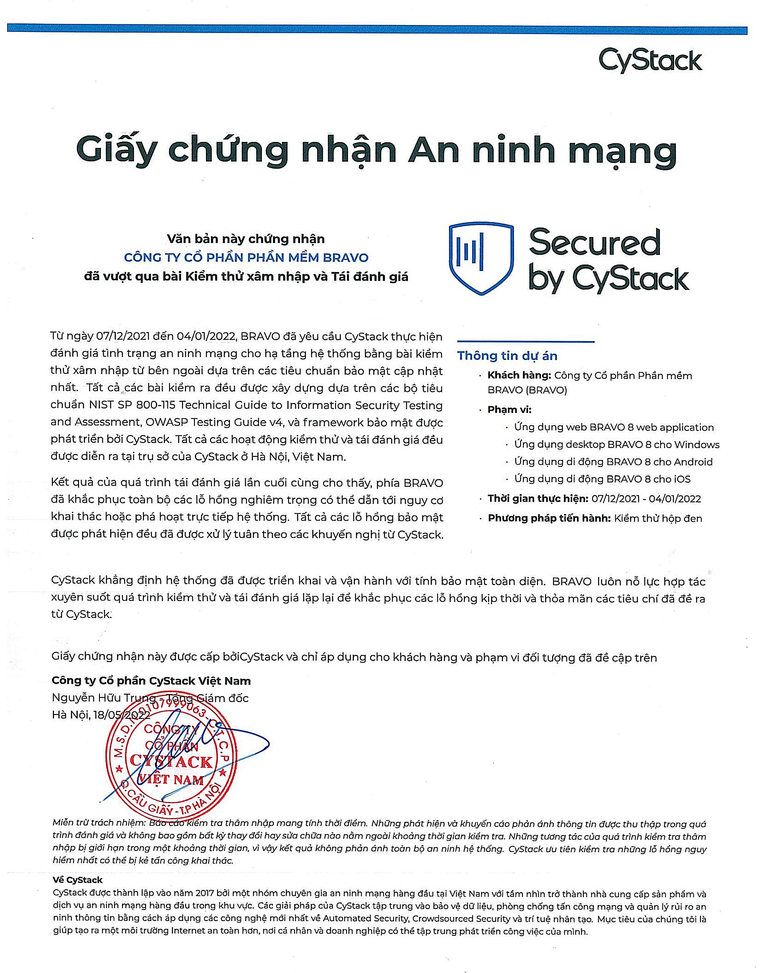 BRAVO đạt chứng nhận an ninh mạng của CyStack
