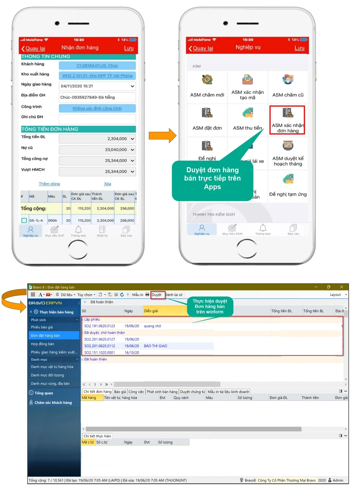 Duyệt đơn hàng bán trên App và Win