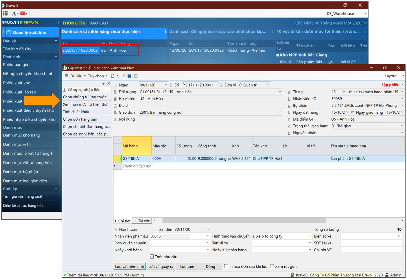 Giao diện Phiếu xuất kho giao hàng