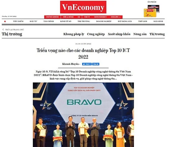 Báo VnEconomy đưa tin BRAVO đạt danh hiệu Top 10 ICT Việt Nam