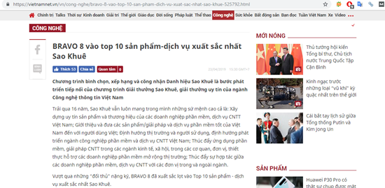 BRAVO 8 vào top 10 sản phẩm-dịch vụ xuất sắc nhất Sao Khuê