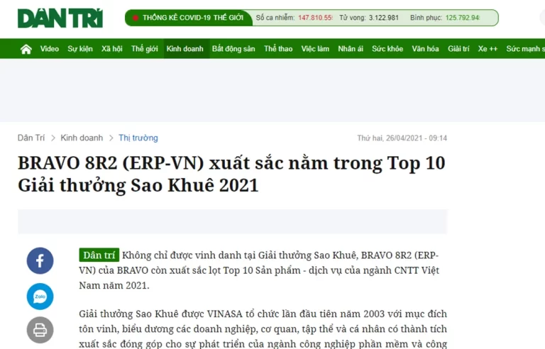 BRAVO 8R2 (ERP-VN) xuất sắc vào Top 10 Giải thưởng Sao Khuê 2021
