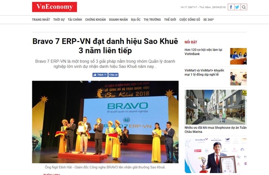 BRAVO 7 ERP-VN đạt danh hiệu Sao Khuê 3 năm liên tiếp