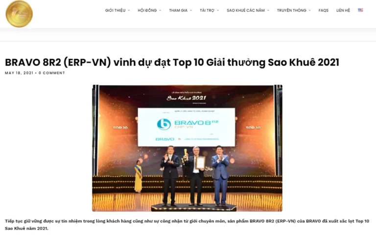 BRAVO 8R2 (ERP-VN) vinh dự đạt Top 10 Giải thưởng Sao Khuê 2021