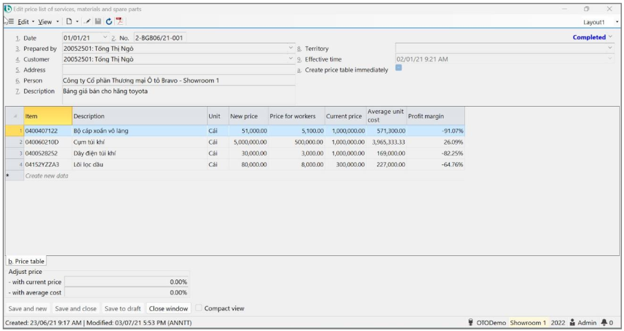 Price list of services, spare parts and accessories