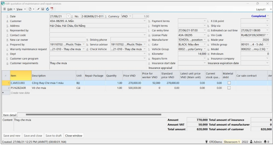 Quotation for maintenance repair / Quotation for items outside of warranty