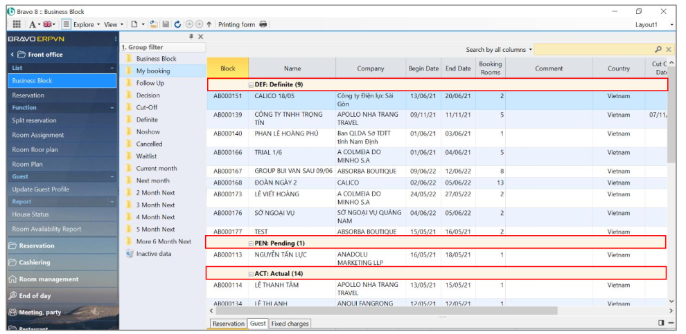 Group booking by status, color to identify in the booking display screen.
