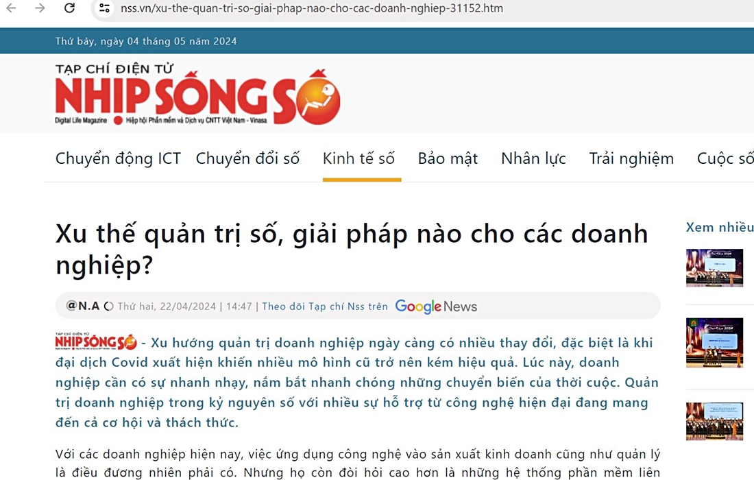 Báo Nhịp sống số đưa tin Xu thế quản trị số, giải pháp BRAVO ERP cho các doanh nghiệp
