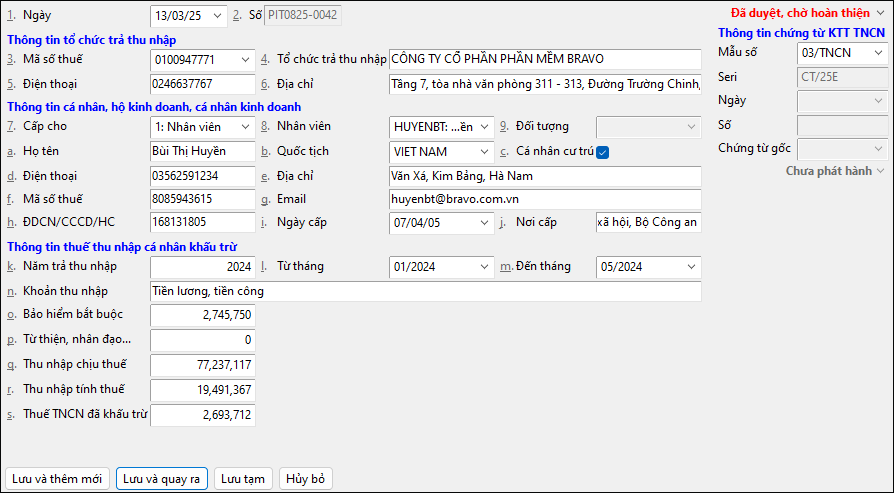 Cập nhật Chứng từ khấu trừ thuế TNCN