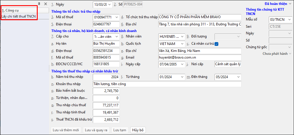 tạo phiếu chứng từ tự động