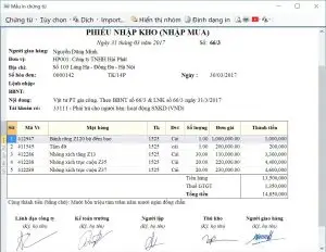 Biểu mẫu phiếu nhập mua sau khi lập và hoàn thiện quy trình duyệt