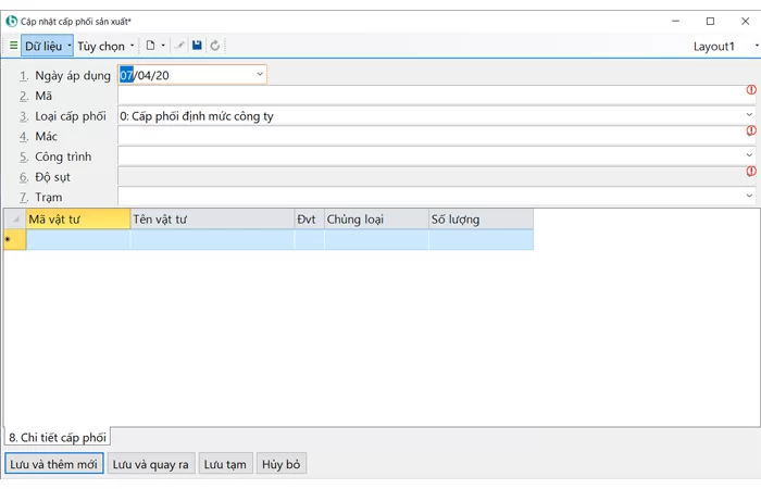 Bảng cấp phối sản xuất