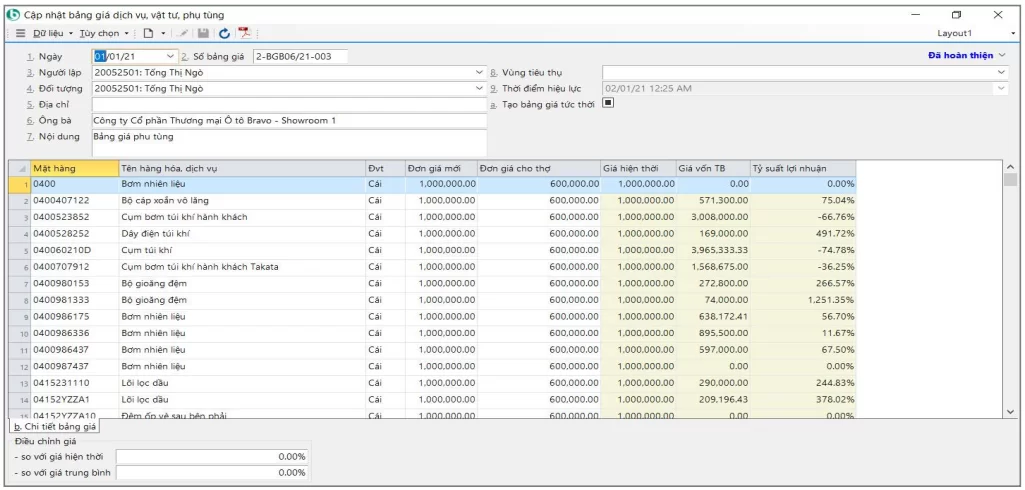 Bảng giá dịch vụ, phụ tùng, phụ kiện