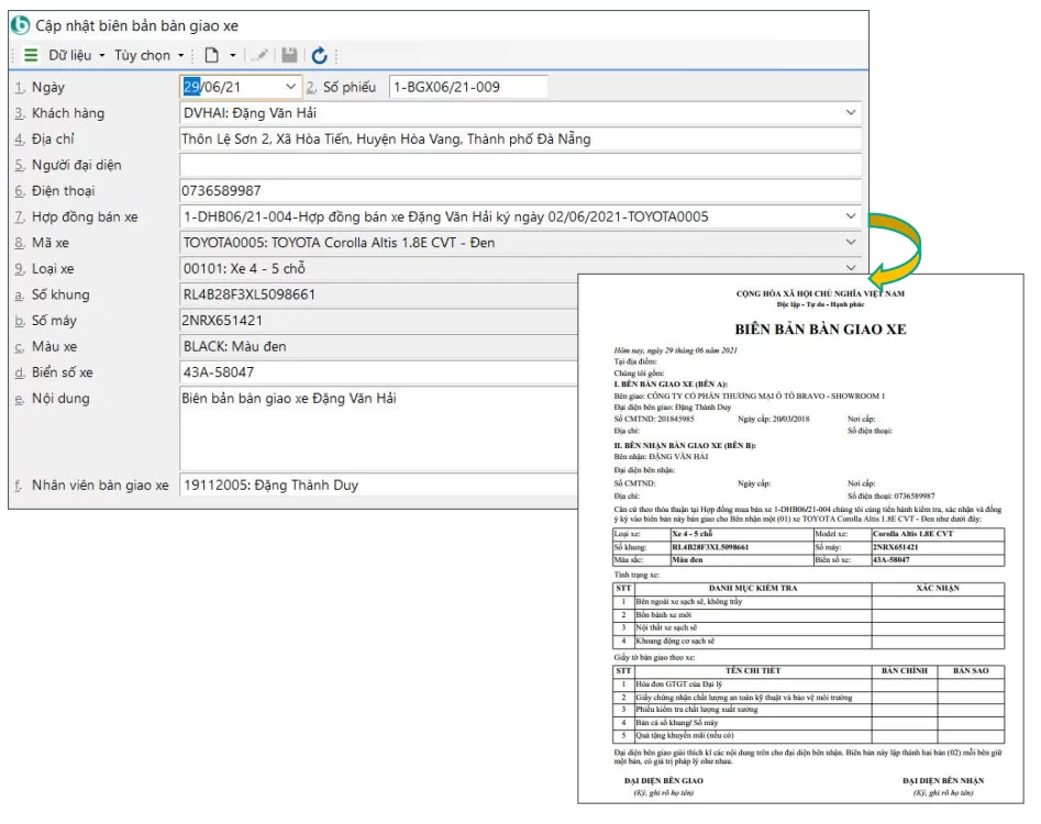 Cập nhật biên bản bàn giao xe