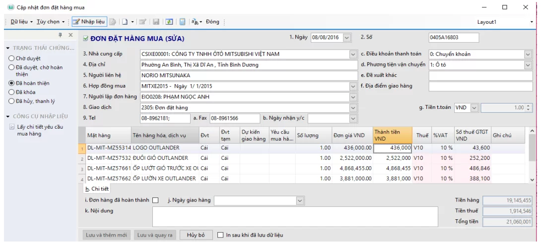 Cập nhật đơn đặt hàng mua 