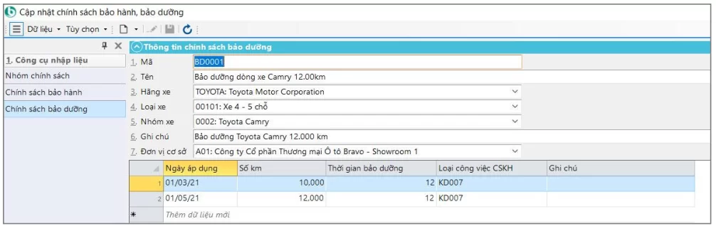 Khai báo chính sách bảo hành, bảo dưỡng sửa chữa (BDSC)
