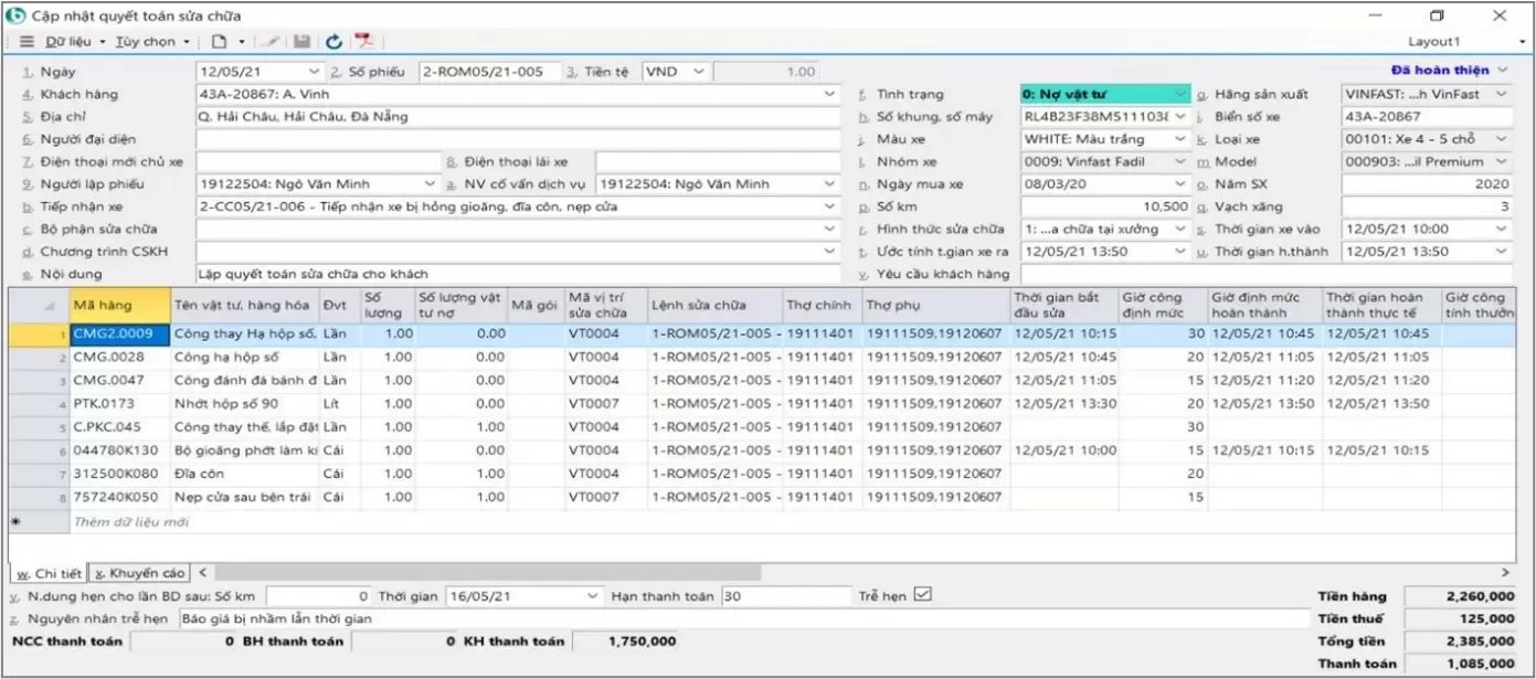 Quyết toán lệnh sửa chữa