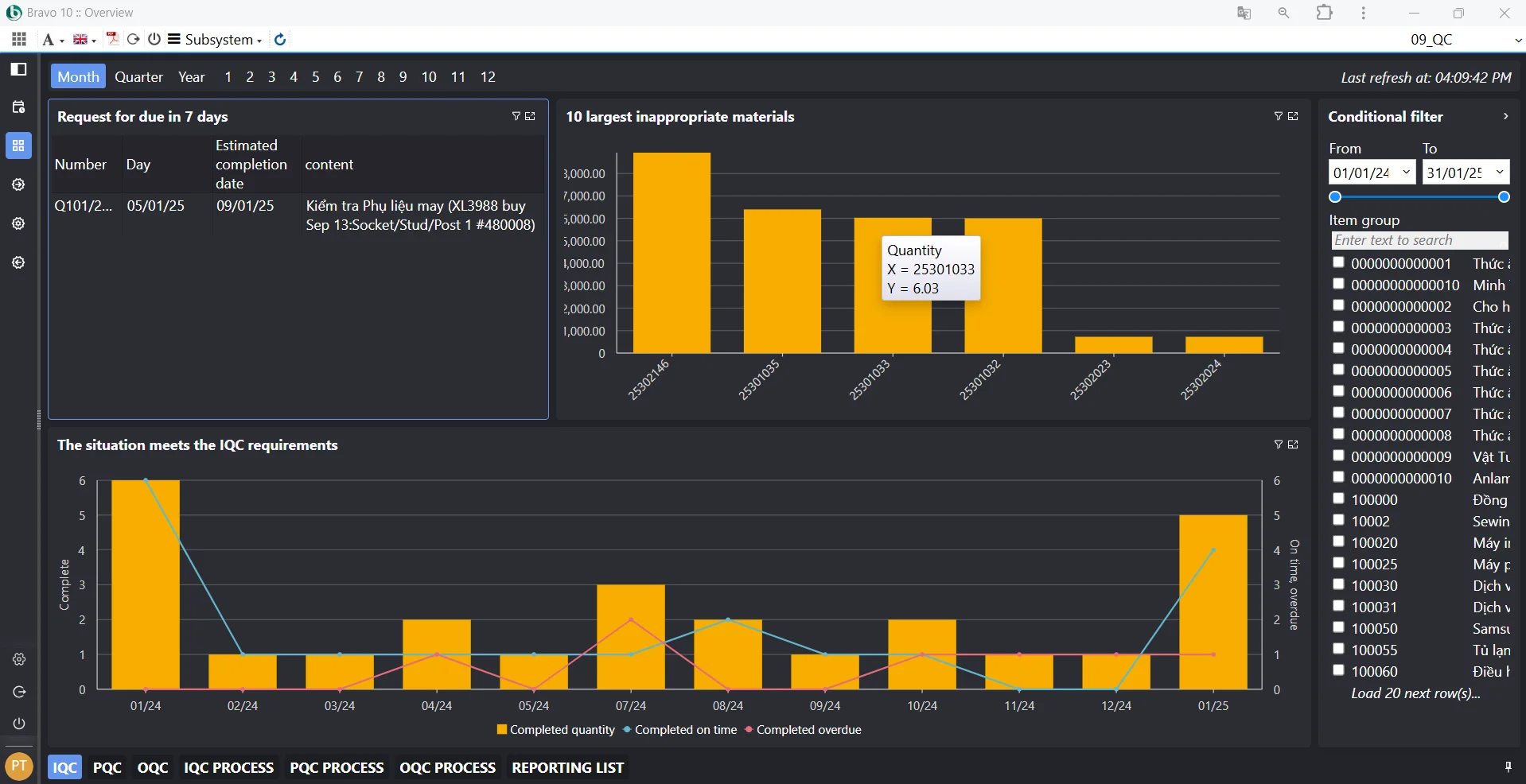 Giao diện quản lý chất lượng đầu vào 2