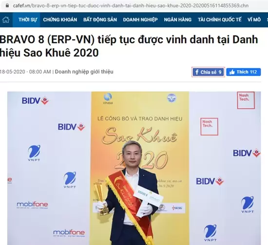 BRAVO 8 (ERP-VN) tiếp tục được vinh danh tại Danh hiệu Sao Khuê 2020