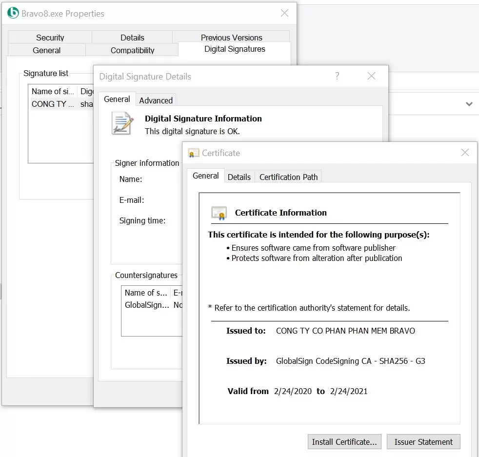 Chữ ký số trên các file chương trình từ nhà cung cấp BRAVO Chữ ký số trên các file chương trình từ nhà cung cấp BRAVO