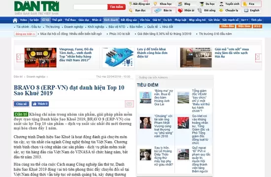 BRAVO 8 (ERP-VN) đạt danh hiệu Top 10 Sao Khuê 2019