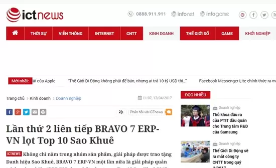 Lần thứ 2 liên tiếp BRAVO 7 ERP-VN lọt Top 10 Sao Khuê
