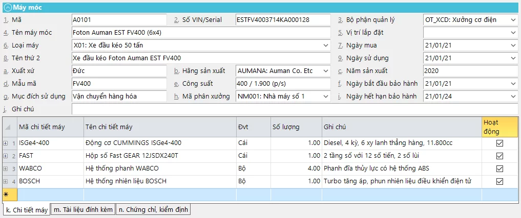 Màn hình cơ bản của Danh mục máy móc thiết bị Màn hình Danh mục quản lý máy móc thiết bị