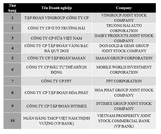 Top 10 trong Bảng xếp hạng 500 Doanh nghiệp tư nhân lớn nhất Việt Nam