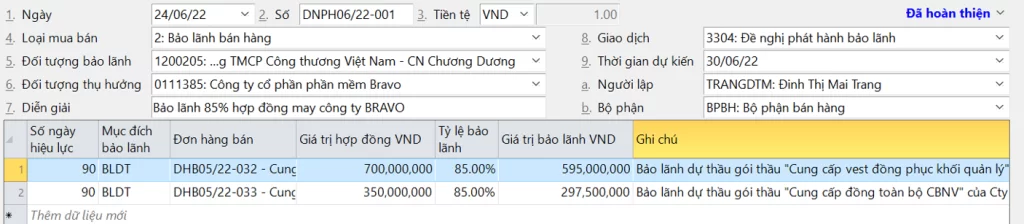 Đề nghị phát hành bảo lãnh trên phần mềm BRAVO