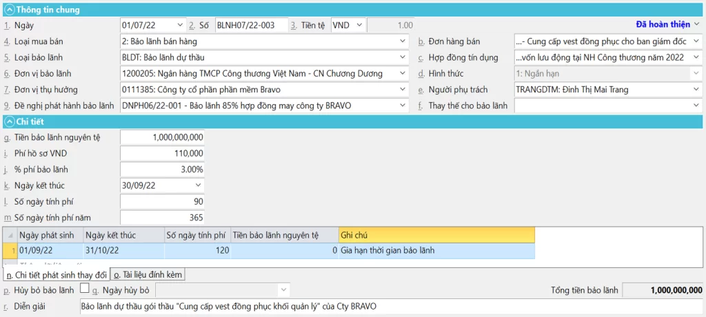 bảo lãnh ngân hàng trên phần mềm BRAVO