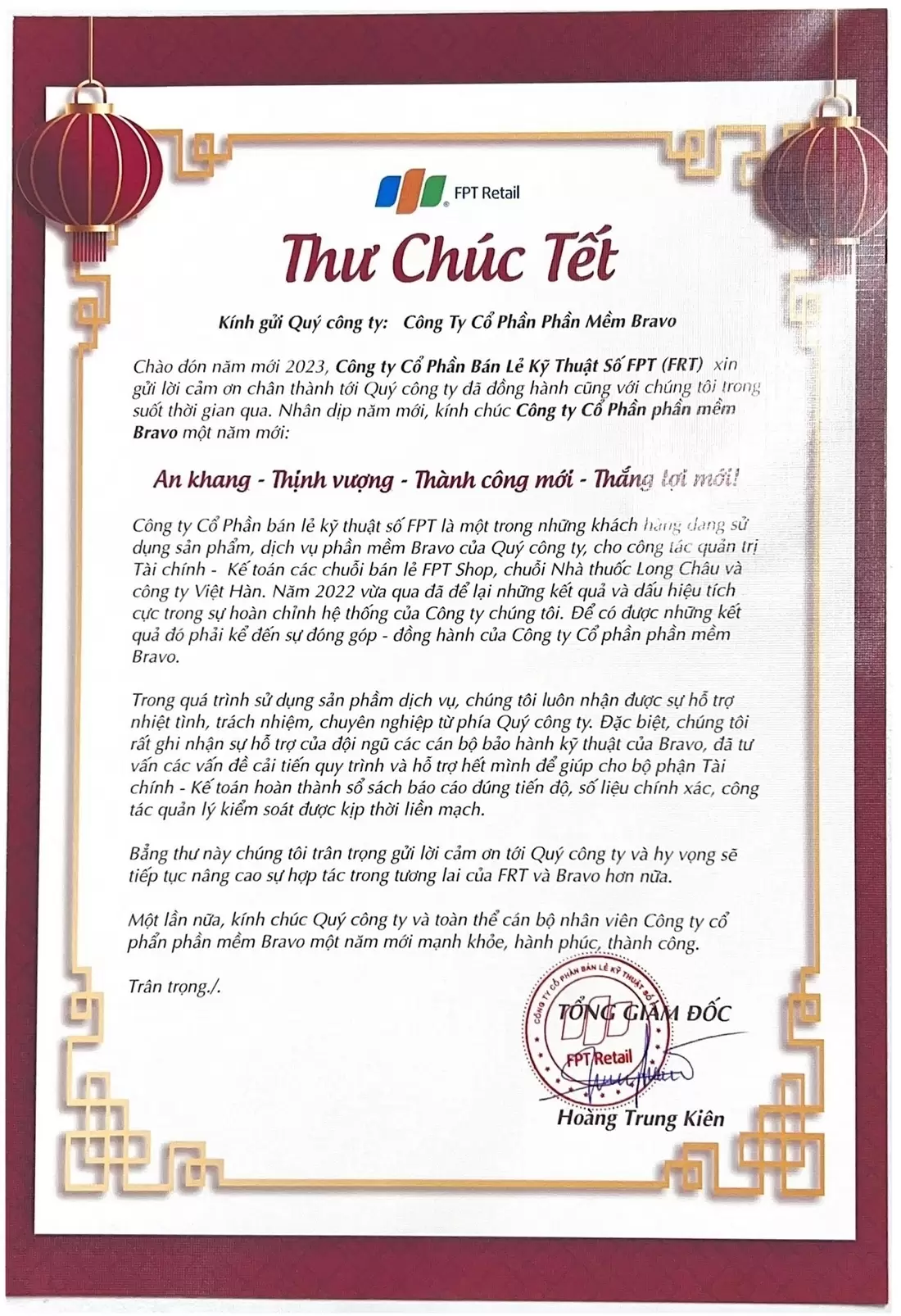 Thư chúc Tết nhân dịp Xuân Quý Mão của BLĐ FPT Retail gửi tới BRAVO