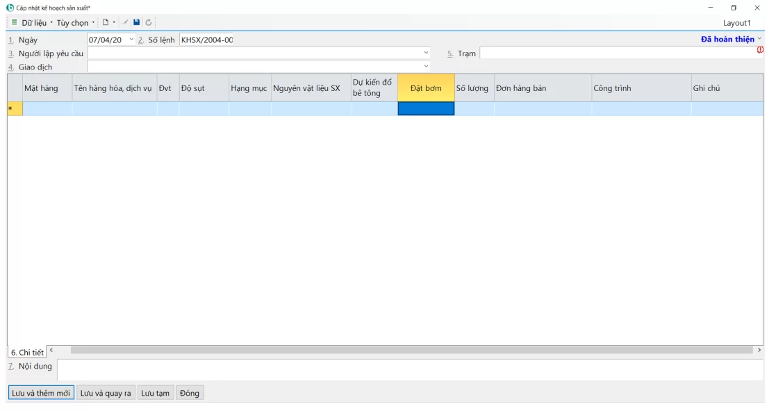 Giao diện Kế hoạch sản xuất