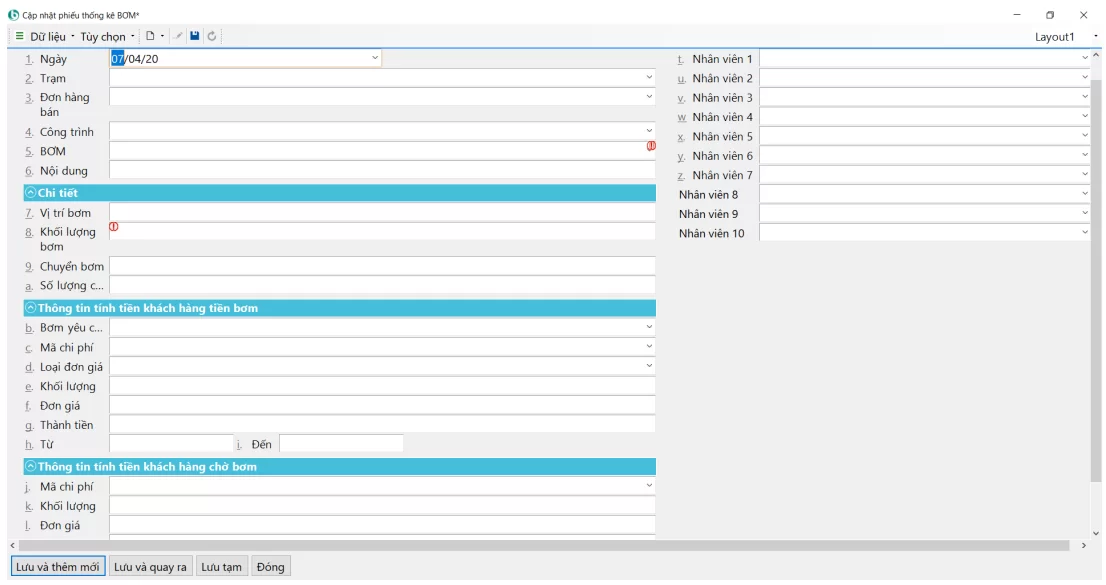 Phiếu thống kê Bơm bê tông