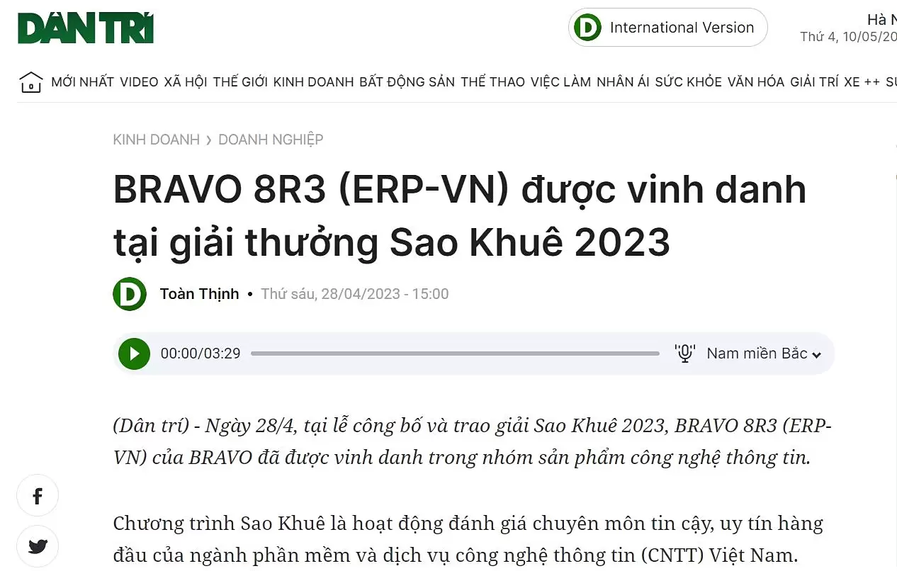 Báo Dân trí đưa tin BRAVO nhận giải thưởng Sao Khuê 2023