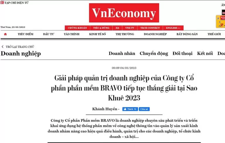 VnEconomy đưa tin BRAVO ERP tiếp tục thắng giải tại Sao Khuê 2023