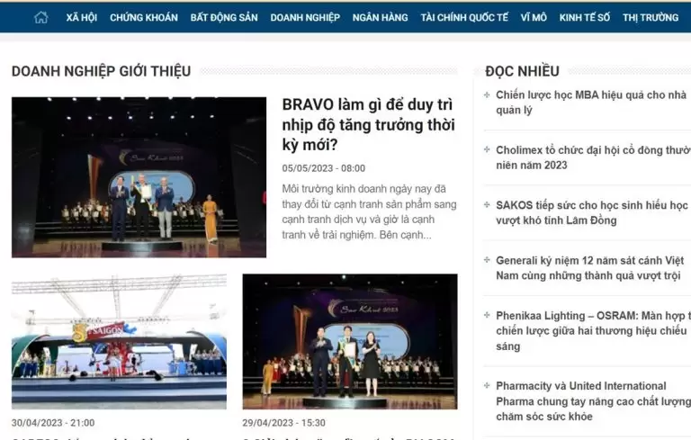 Báo CafeF đưa tin BRAVO nhận giải Sao Khuê 2023