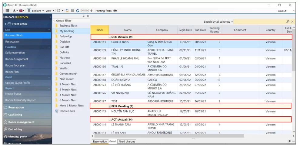 Group booking by status, color to identify in the booking display screen.