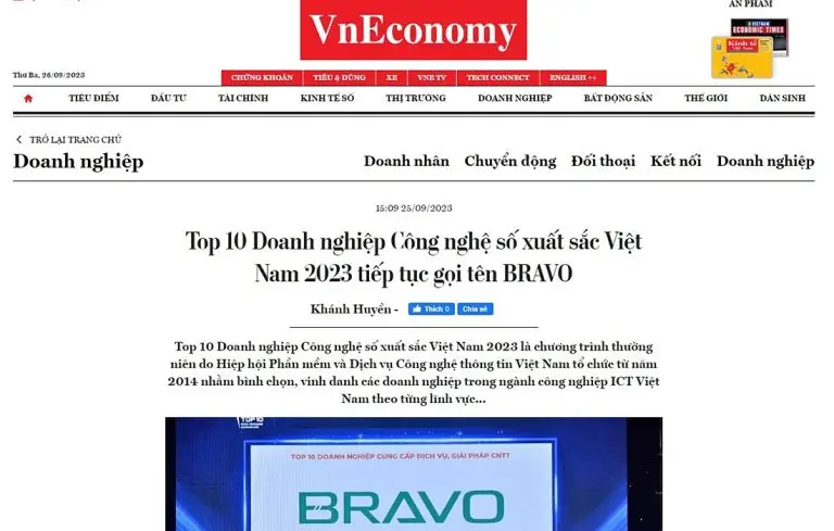 VnEconomy đưa tin về BRAVO đạt Top 10 ICT 2023