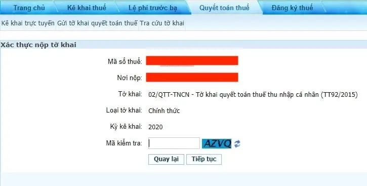 Bước 7 nộp tờ khai quyết toán thuế thu nhập cá nhân online