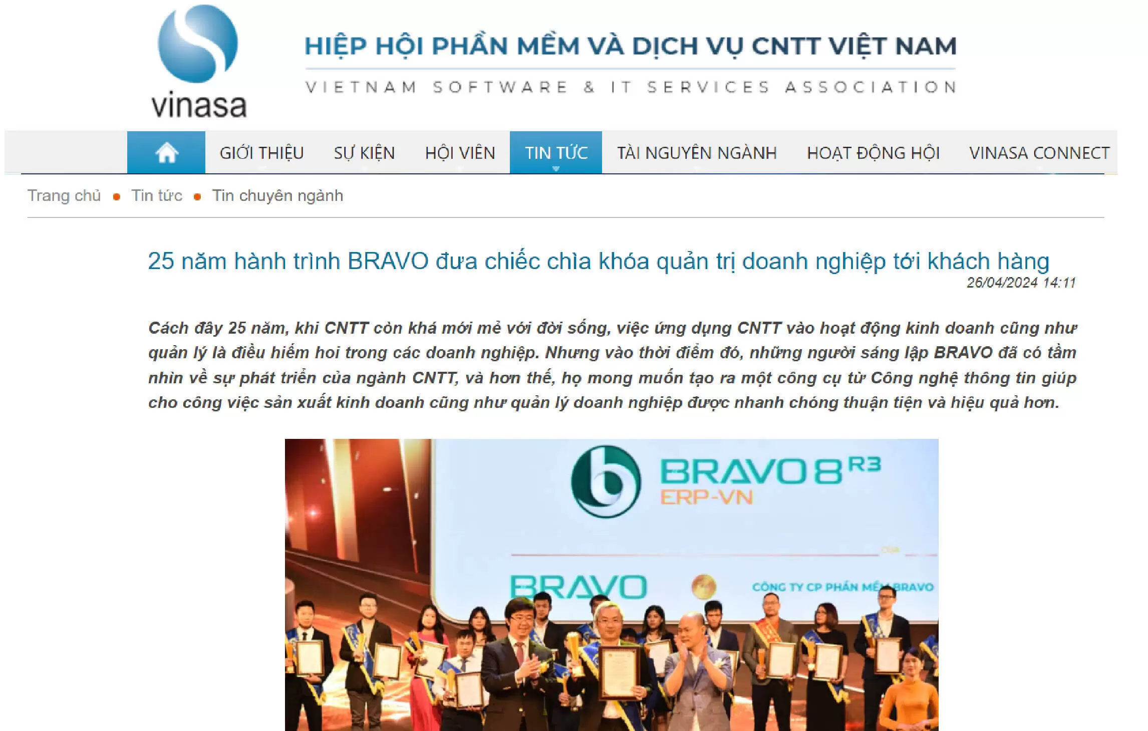 Báo VINASA đưa tin 25 năm hành trình BRAVO đưa chiếc chìa khóa quản trị doanh nghiệp tới khách hàng