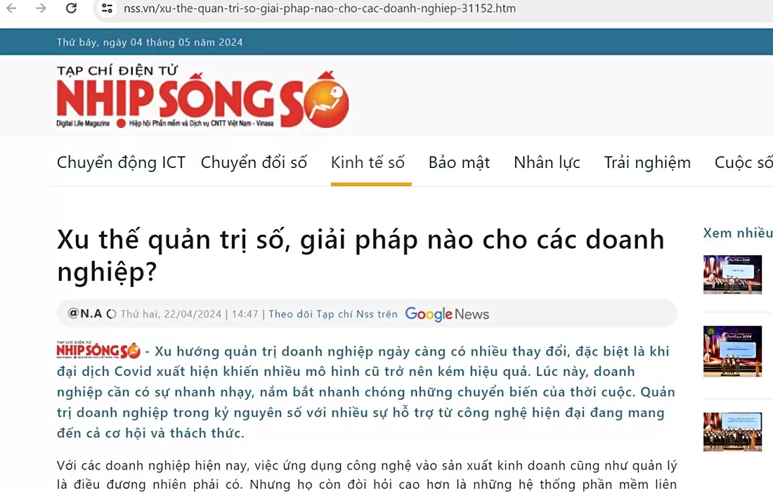 Báo Nhịp sống số đưa tin Xu thế quản trị số, giải pháp BRAVO ERP cho các doanh nghiệp
