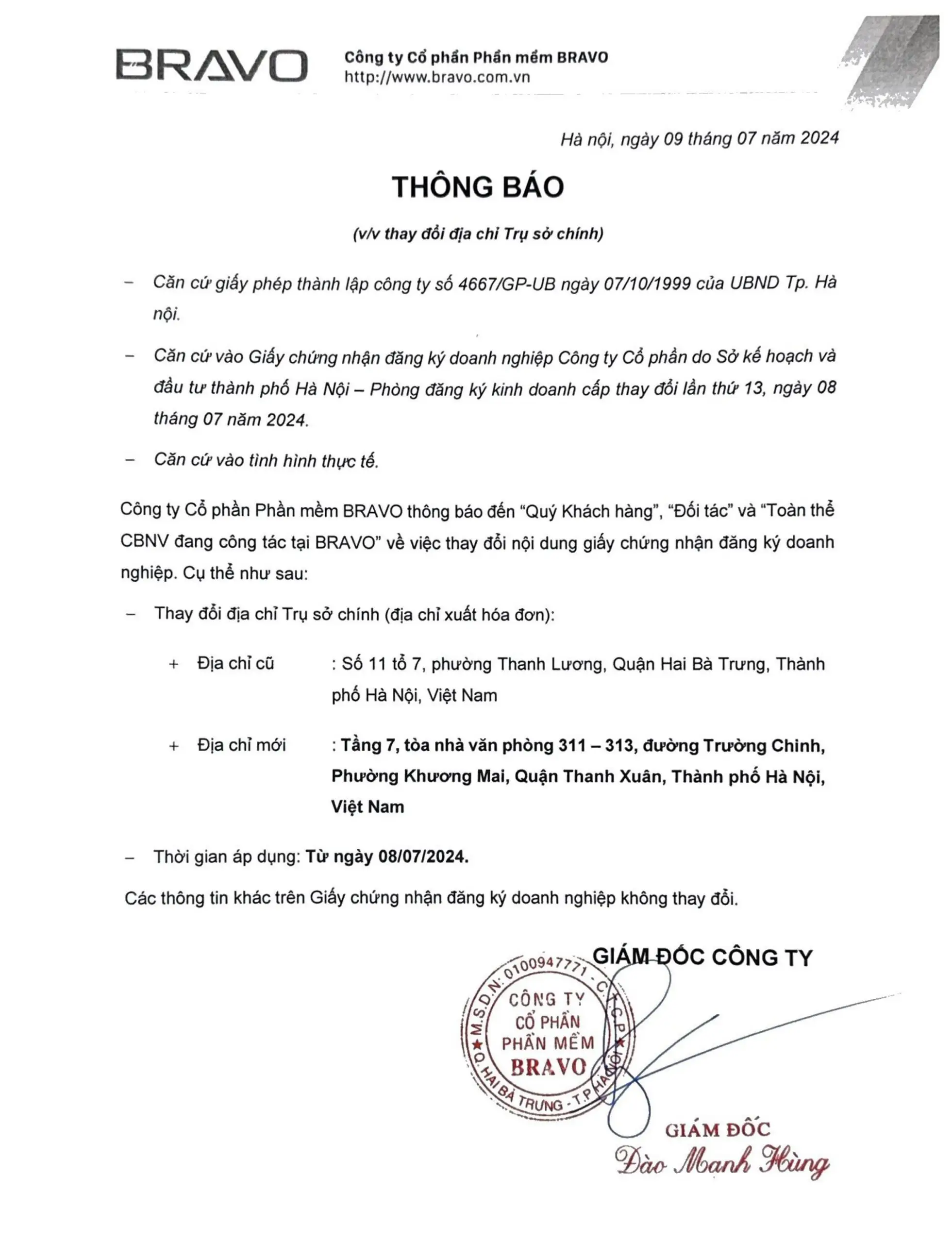 v Công ty CP Phần mềm BRAVO thay đổi nội dung Đăng ký Doanh nghiệp