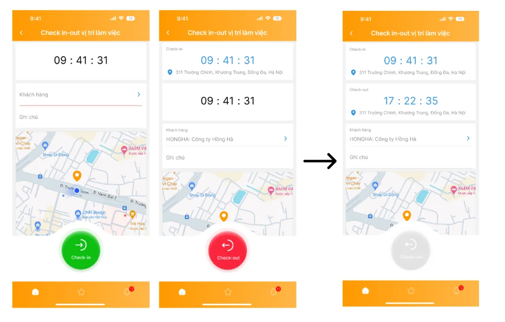 Màn hình cơ bản của chức năng “Check in-out vị trí làm việc”